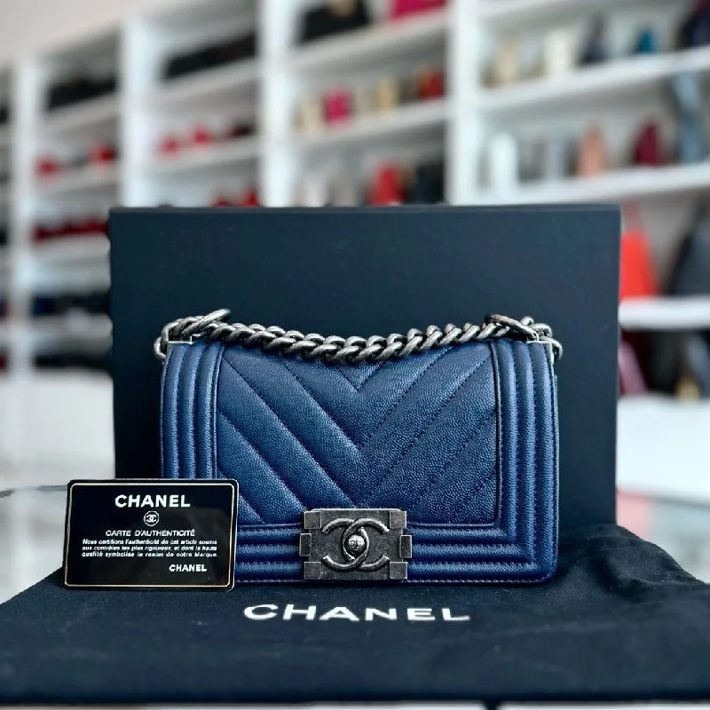 Chanel Chain Strap Handbag for Everyday UseBoy Small Caviar Chevron Calfskin Leboy Dark Navy Blue Ruthenium RSHW No 25