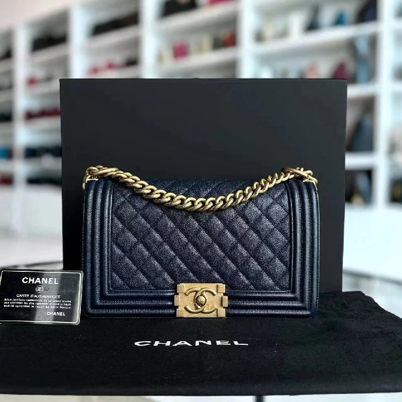 Chanel Black Handbag for Business MeetingsCaviar Boy Old Medium 25CM Quilted Calfskin Dark Navy Blue Leboy Golden Hardware