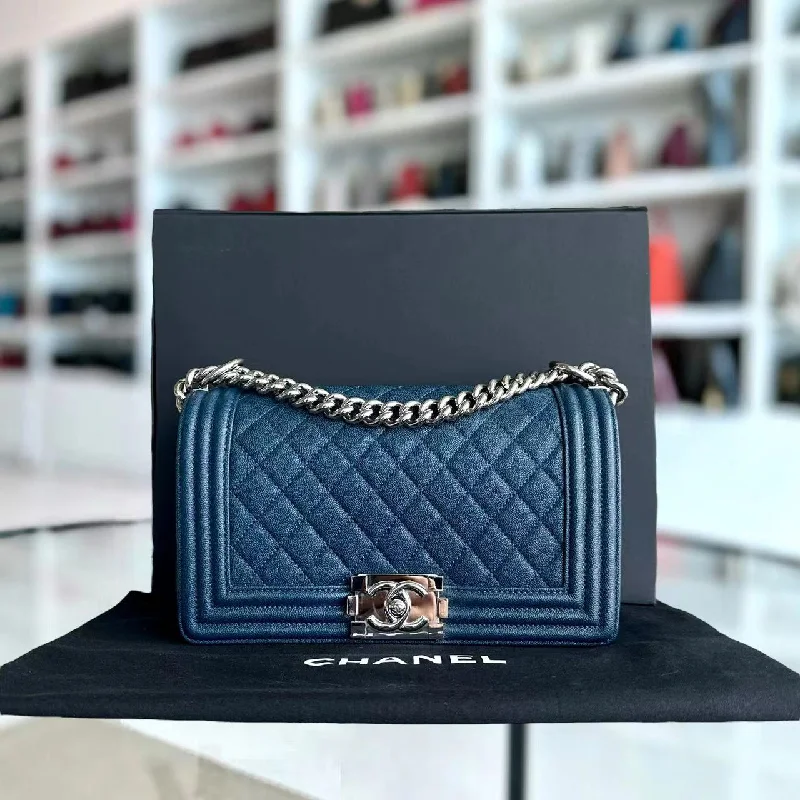 Chanel Colorful Handbag for Spring OutfitsCaviar Boy Old Medium 25CM Quilted Grained Calfskin Blue Leboy Silver Hardware Series 28