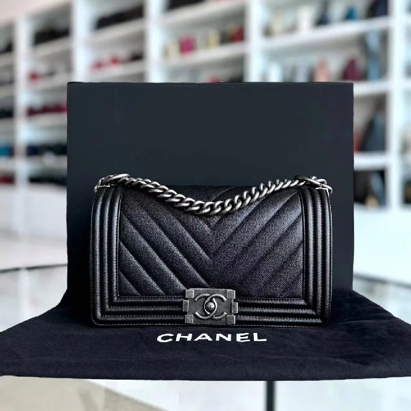 Chanel All - Match Handbag for Versatile StylingCaviar Boy Old Medium Chevron Grained Calfskin Black Silver Hardware Series 25