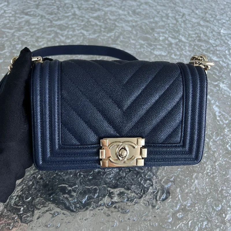 Chanel Lightweight Handbag for Daily ErrandsCaviar Boy Small 20CM Chevron Grained Calfskin Dark Blue No 24