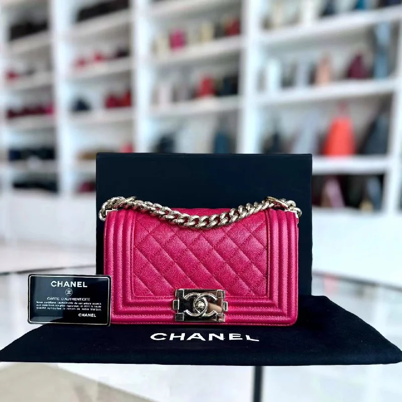 Chanel Classic Flap Bag for Evening PartyCaviar Boy Small 20CM Quilted Grained Calfskin Hot Pink Leboy Golden Hardware Series 23