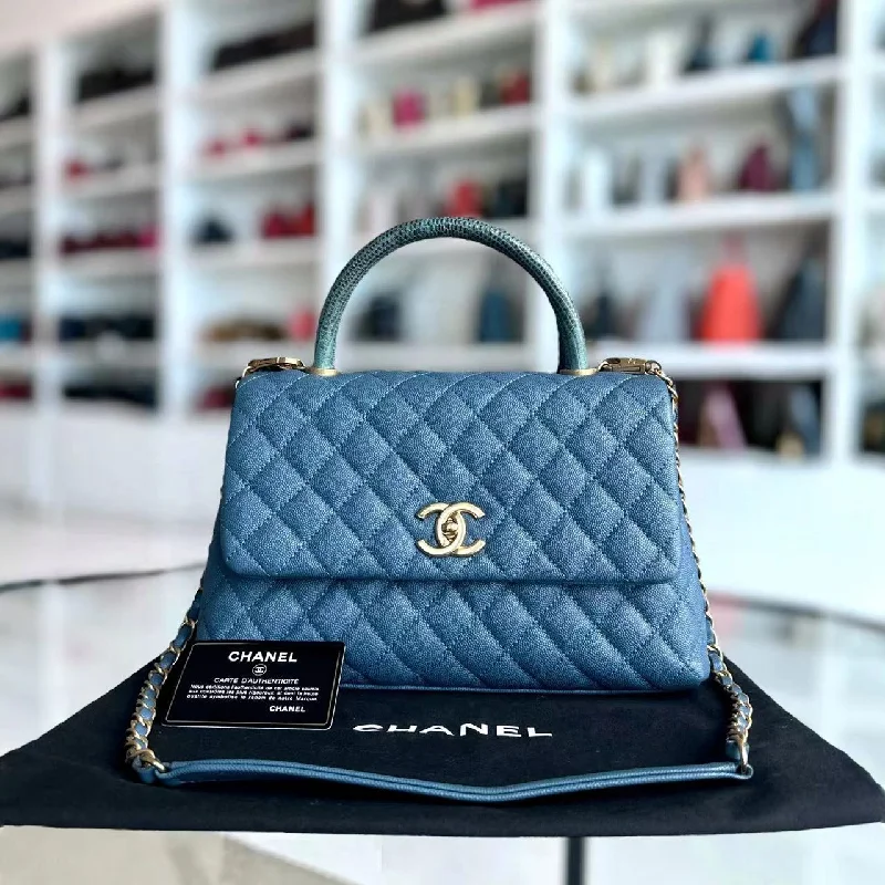 Chanel Chain Strap Handbag for Everyday UseCaviar Coco Handle Medium Quilted Calfskin Blue Golden Hardware Series 26