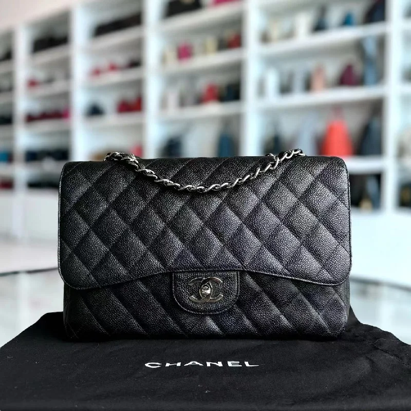 Chanel Designer Handbag with Unique DesignCaviar Jumbo Classic Flap Single Flap Quilted Calfskin Black SHW No 11