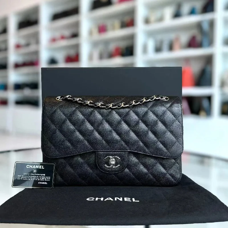 Chanel New Arrival Handbag with Gold HardwareCaviar Jumbo Double Flap Classic Flap Quilted Calfskin Black Silver Hardware Series 19