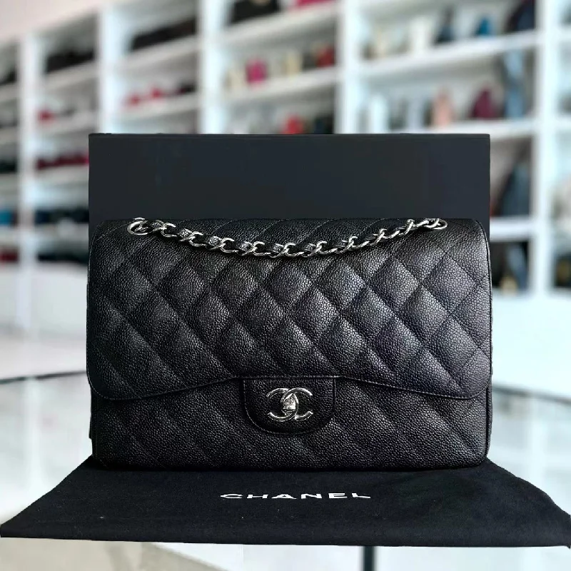 Chanel New Arrival Handbag with Gold HardwareCaviar Jumbo Double Flap Classic Flap Quilted Grained Calfskin Black Silver Hardware Series 15