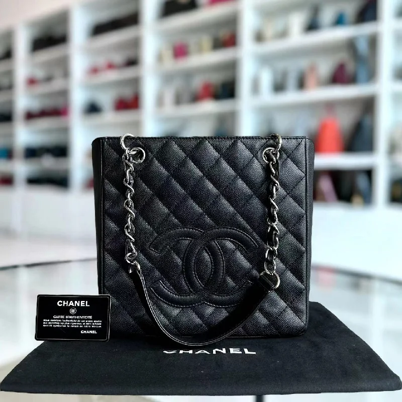 Chanel Classic Flap Bag for Evening PartyCaviar PST Petite Shopping Tote Quilted Calfskin Black Silver Hardware Series 12