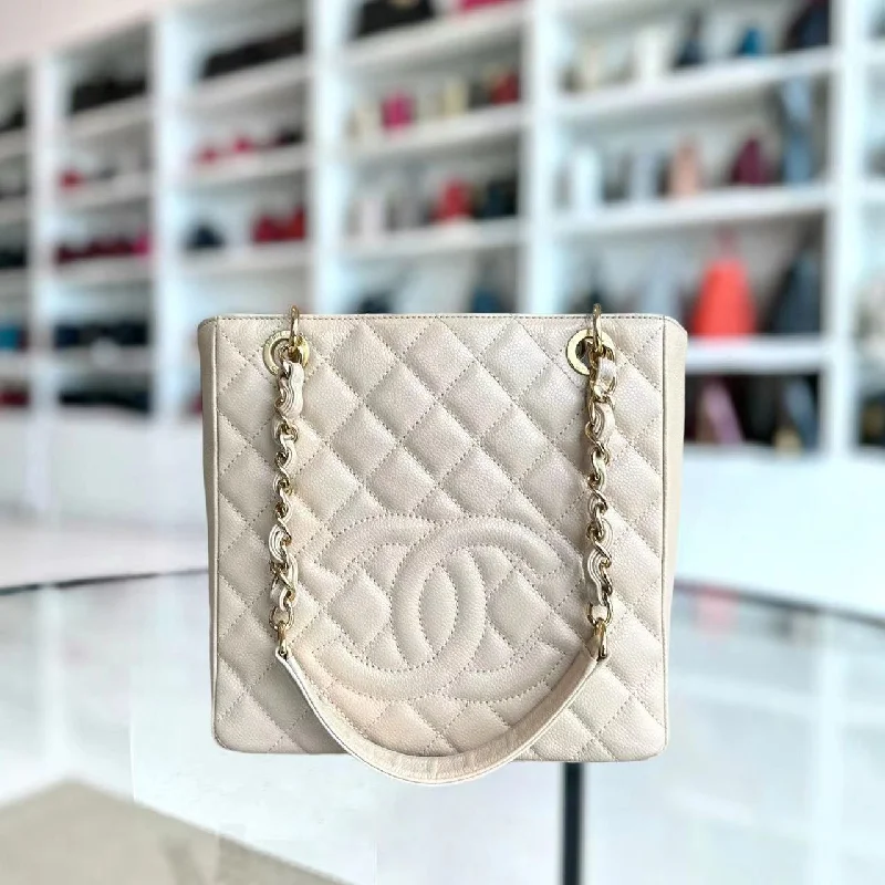 Chanel All - Match Handbag for Versatile StylingCaviar PST Petite Shopping Tote Quilted Grained Calfskin Beige Golden Hardware Series 14