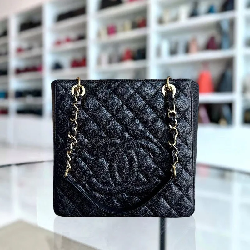 Chanel Handbag with Adjustable Strap for ComfortCaviar PST Petite Shopping Tote Quilted Grained Calfskin Black Golden Hardware Series 14