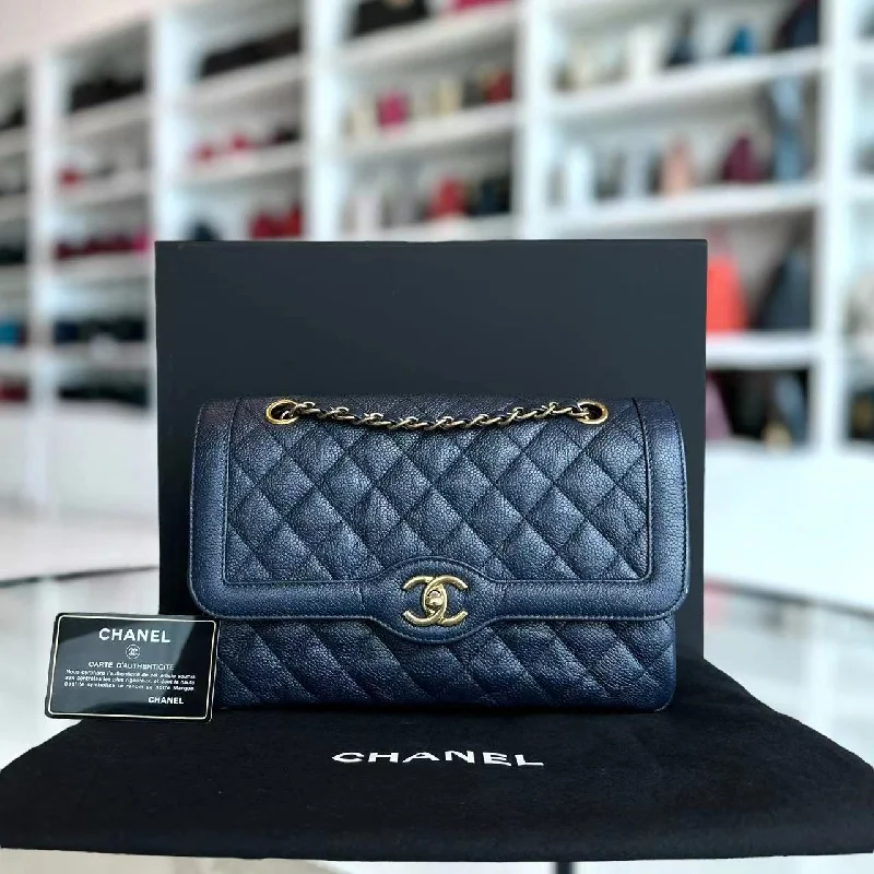 Chanel Limited Edition Handbag for CollectorsCaviar Single Flap Quilted Calfskin Navy Blue Golden Hardware Series 21