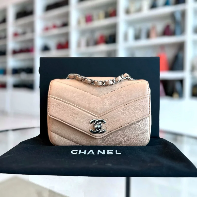 Chanel All - Match Handbag for Versatile StylingCaviar V Stitch Chevron Mini Square Nude SHW No 24