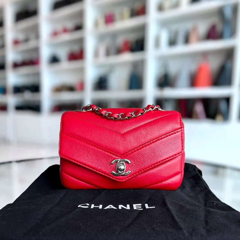 Chanel All - Match Handbag for Versatile StylingCaviar V Stitch Chevron Mini Square Seasonal Flap Red SHW No 24