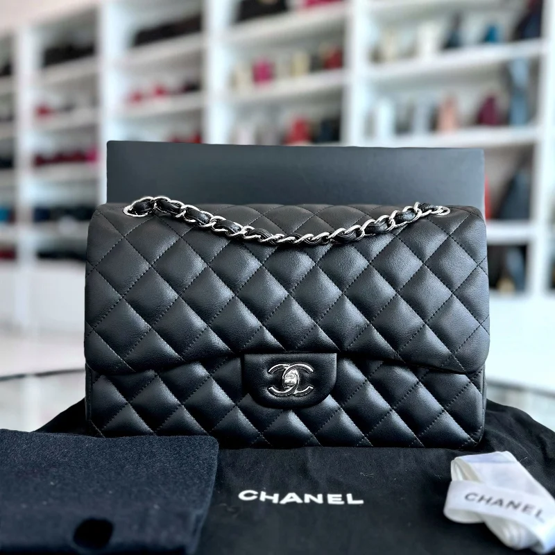 Chanel Handbag with Adjustable Strap for ComfortJumbo Classic Flap Double Flap Quilted Lambskin Black SHW No 18