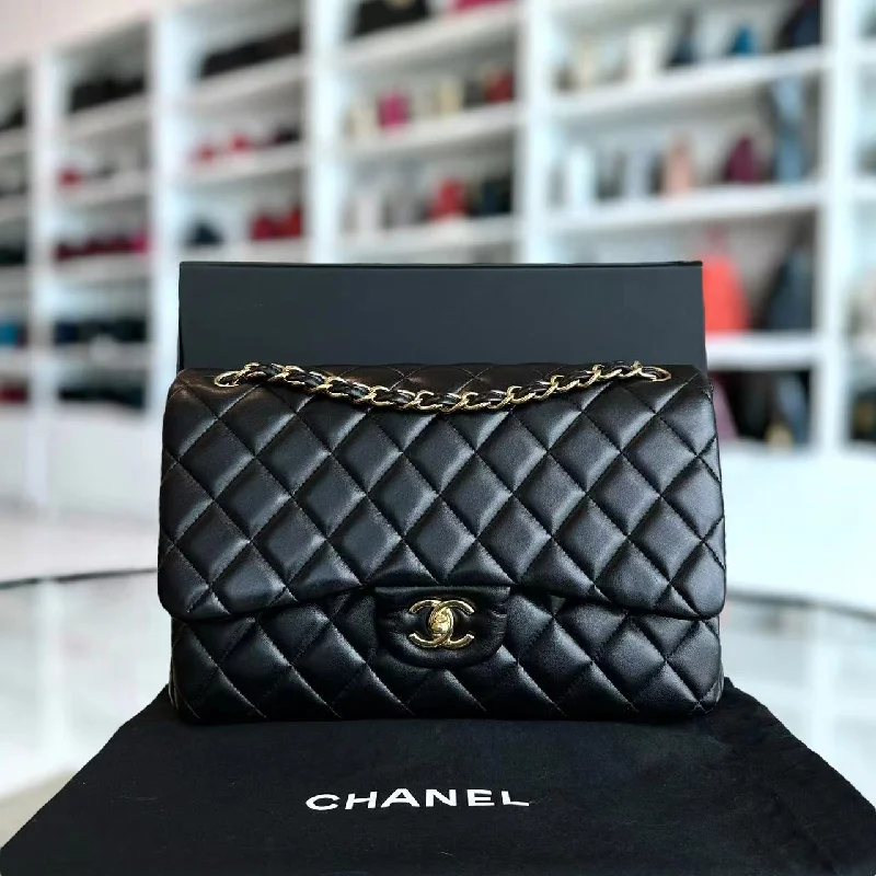 Chanel Colorful Handbag for Spring OutfitsJumbo Double Flap Classic Flap Quilted Lambskin Black Golden Hardware Series 22