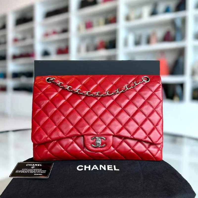 Chanel Vintage Inspired Handbag for Retro LoversMaxi Classic Flap Quilted Lambskin Red Silver Hardware Series 13