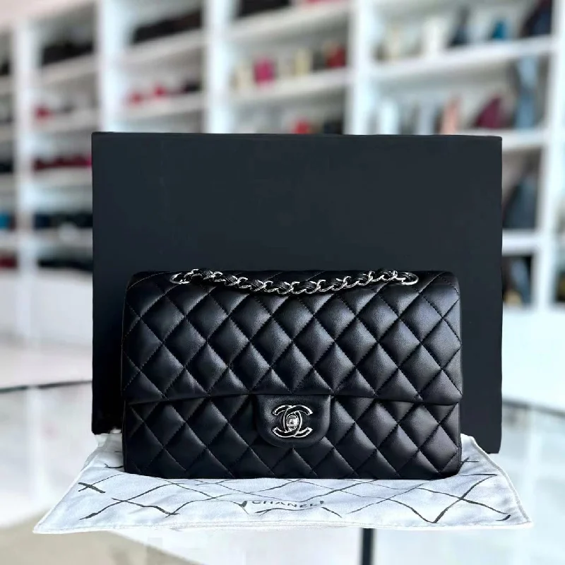 Chanel Small Crossbody Bag for TravelDouble Flap Quilted Lambskin Black Silver Hardware Series 23