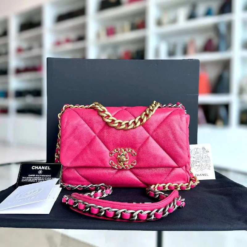 Chanel Luxury Handbag for High - End Events*Full Set, Receipt* 19bag C19 Goatskin Quilted Small Hot Pink Two-tone Hardware Series 29