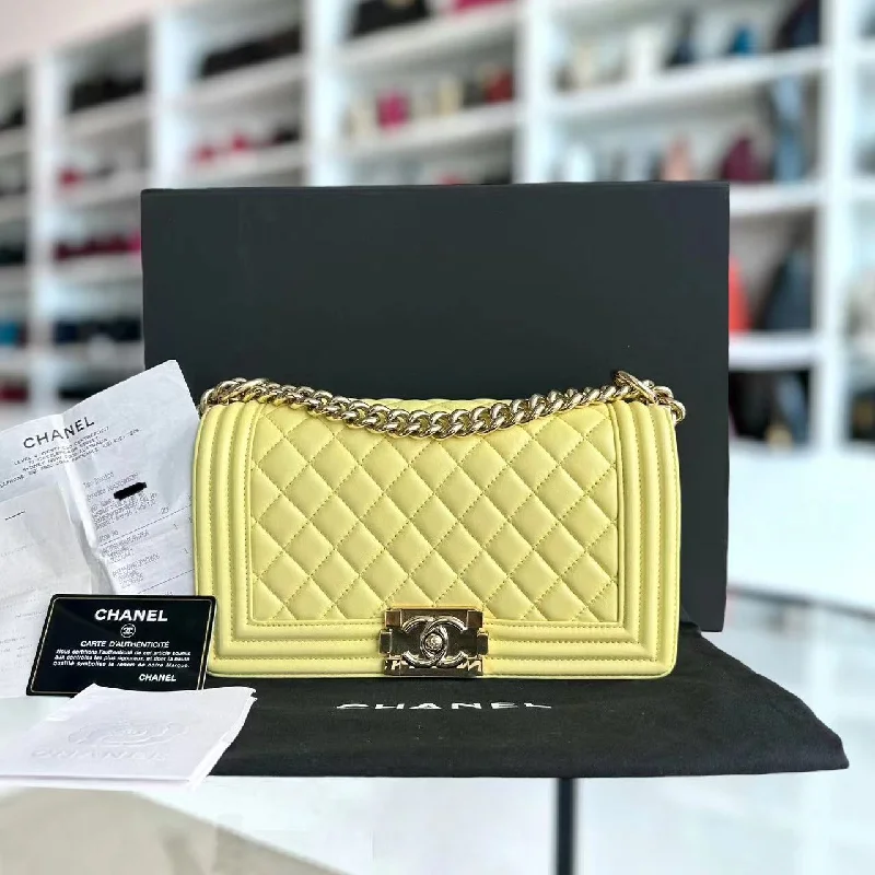 Chanel Luxury Handbag for High - End Events*Full Set Receipt* Boy Old Medium 25CM Quilted Calfskin Yellow Golden Hardware Series 22