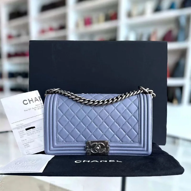 Chanel Quilted Leather Shoulder Bag for Fashionistas*Full Set, Receipt* Boy Old Medium 25CM Quilted Lambskin Lavender Light Purple Silver Hardware Series 15