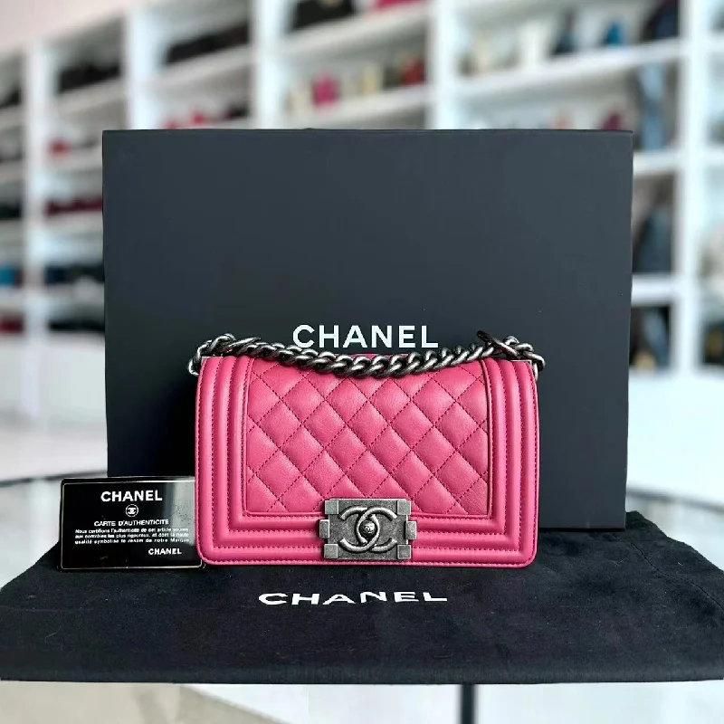 Chanel New Arrival Handbag with Gold Hardware*Full Set, Receipt* Boy Small 20CM Quilted Calfskin Hot Pink RSHW No 26