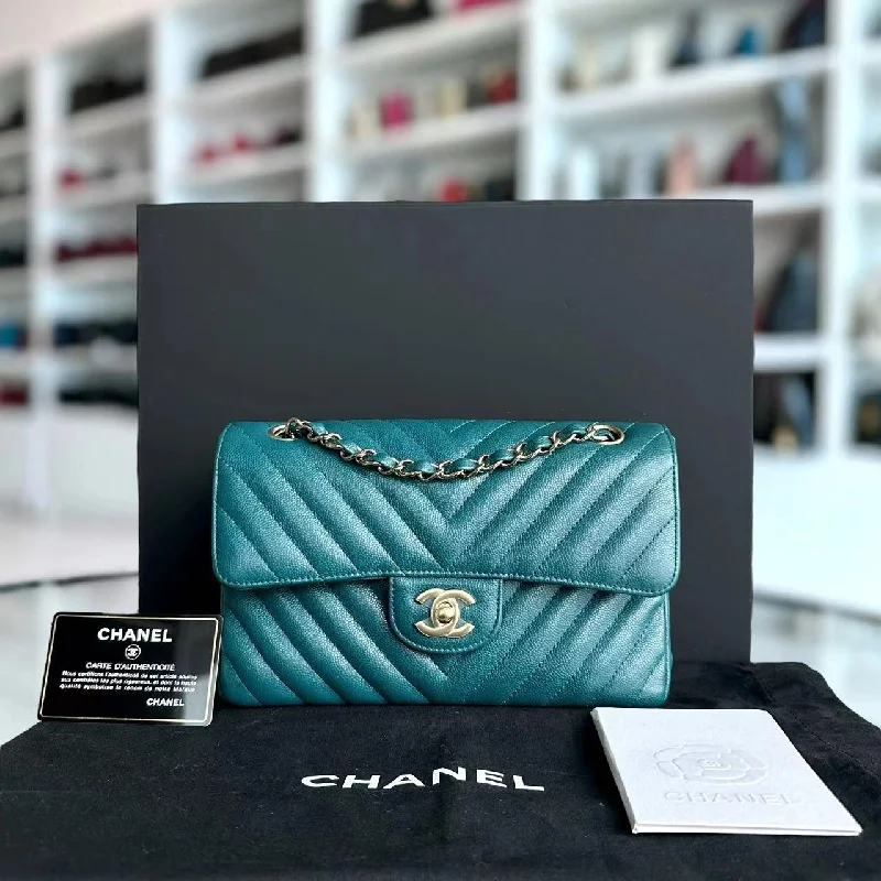 Chanel Designer Handbag with Unique Design*Full Set Receipt* Caviar Small 23CM Chevron Calfskin Jade Green Blue GHW No 26