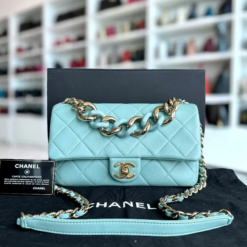 Chanel Classic Flap Bag for Evening Party*Like New* 2020 Elegant Resin Chain Quilted Lambskin Light Blue GHW No 29