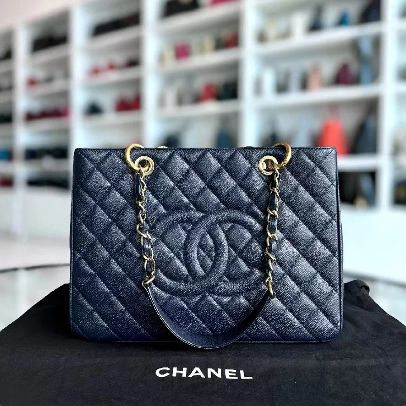 Chanel New Arrival Handbag with Gold Hardware*Like New* Caviar GST Grand Shopping Tote Quilted Calfskin Dark Navy Blue Golden Hardware Series 19