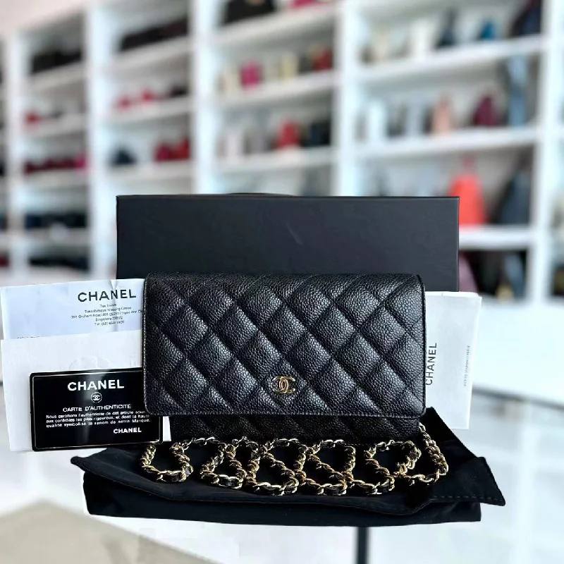 Chanel Designer Handbag with Unique Design*Like New, Receipt Full Set* Caviar WOC Wallet On Chain Quilted Grained Calfskin Black Golden Hardware Series 31