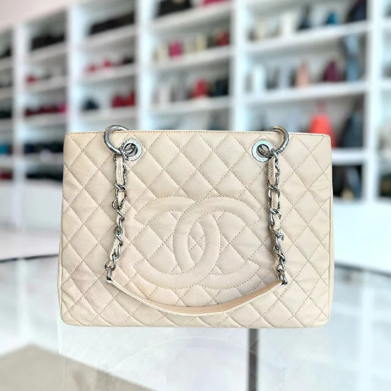 Chanel Designer Handbag with Unique DesignCaviar GST Grand Shopping Tote Quilted Calfskin Beige SHW No 15