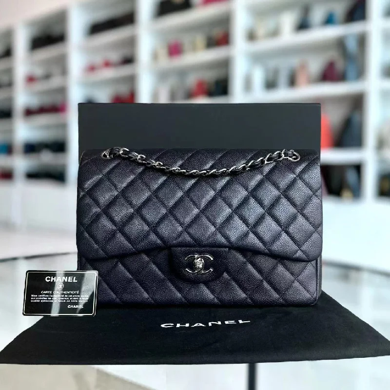 Chanel New Arrival Handbag with Gold HardwareCaviar Jumbo Double Flap Classic Flap Quilted Calfskin Dark Blue Purple SHW No 18