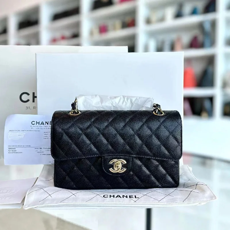 Chanel Small Crossbody Bag for Travel*Unused, Microchip 2022, Receipt Full Set* Caviar Small Double Flap 23CM Quilted Calfskin Black GHW Microchipped