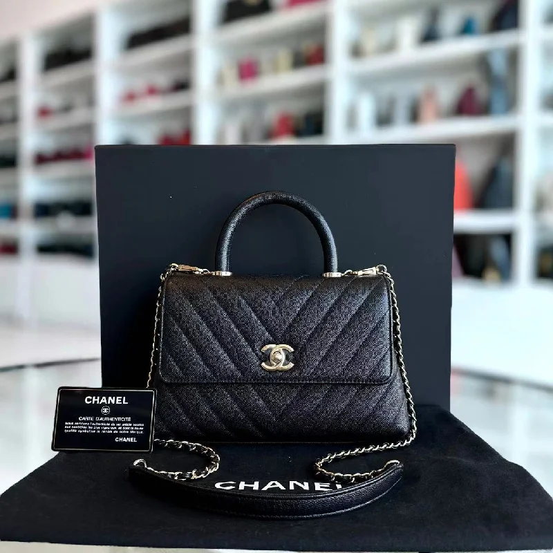 Chanel New Arrival Handbag with Gold Hardware*Unused* Caviar Coco Handle Small Chevron Calfskin Black LGHW No 29