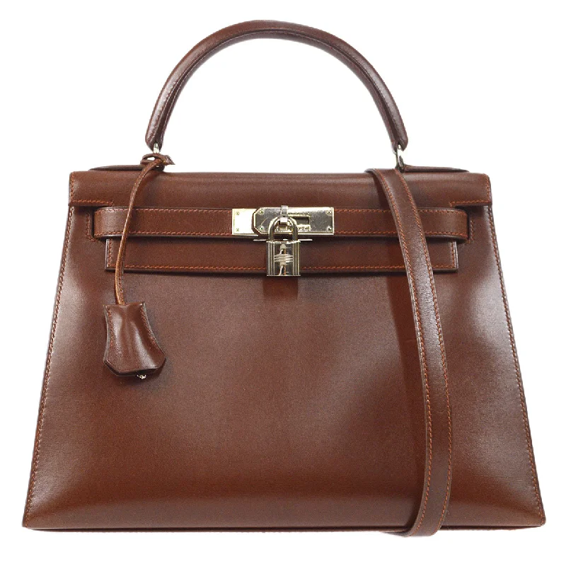 HERMES KELLY 28 SELLIER 2way Shoulder Handbag Brown Box Calf