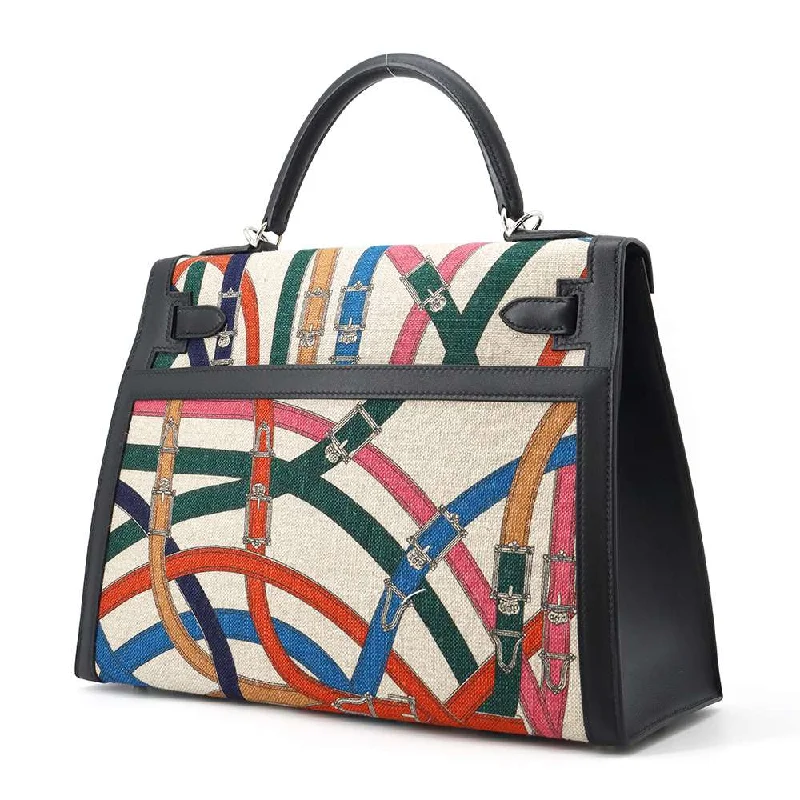 HERMES Kelly Cavalcadur Multicolor/Black Toile de Camp Swift Leather Size 32