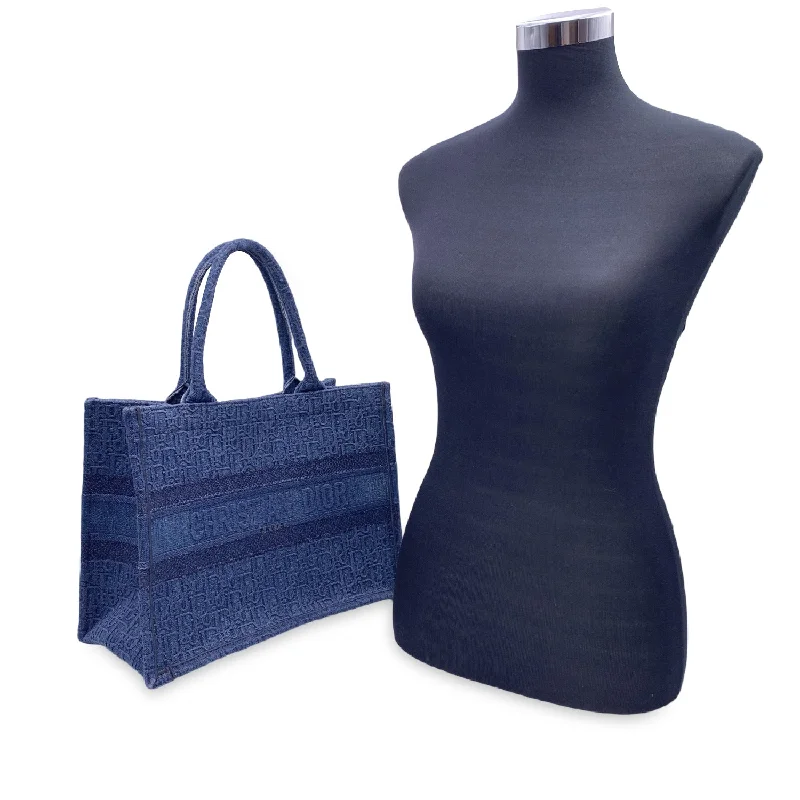 Christian Dior handbags with a snap - button closure and a decorative buckleCHRISTIAN DIOR Blue Denim Oblique Medium Book Tote Bag Handbag