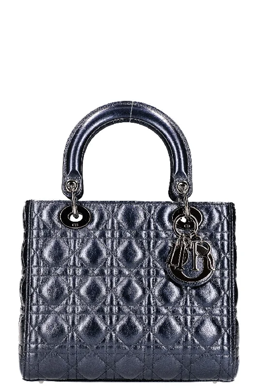 Christian Dior crossbody bags with a front - flap pocket for easy accessCHRISTIAN DIOR Lady Dior Medium Metallic Navy