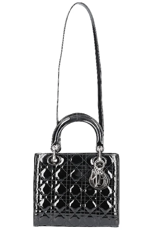 Christian Dior handbags with a back - pocket for quick storageCHRISTIAN DIOR Lady Dior Medium Patent Black