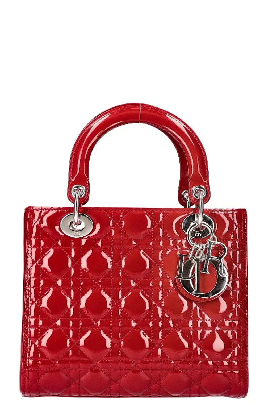 Christian Dior bags with a zip - top closure and multiple compartmentsCHRISTIAN DIOR Lady Dior Medium Patent Red