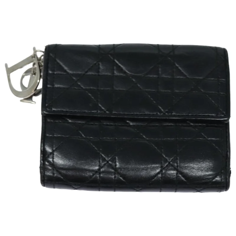 Christian Dior bags with a side - pocket for holding a water bottleCHRISTIAN DIOR Lady Dior Canage Wallet Lamb Skin Black Auth hk1418