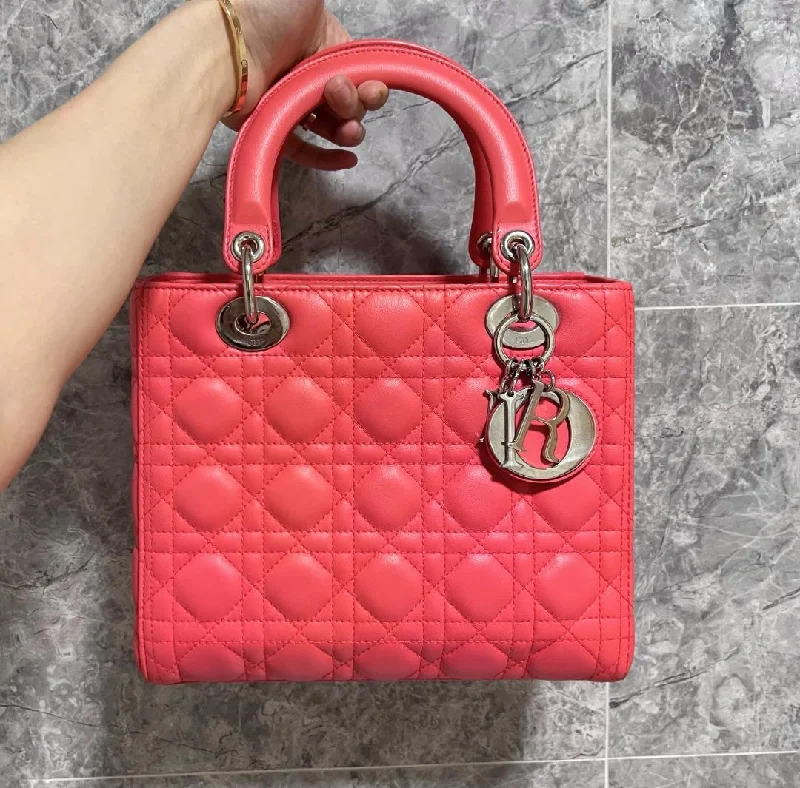 Luxury Christian Dior crossbody bags with a chain - link strap[Clearance]Lady Medium Lambskin with Silver Hardware Pinkish Red