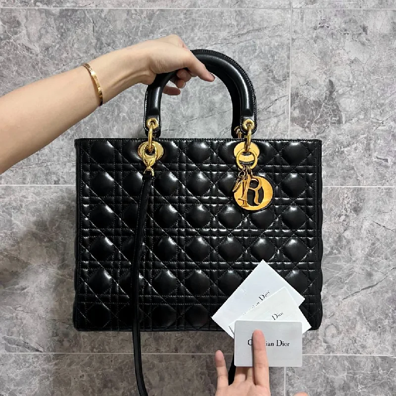 High - fashion Christian Dior bags with a geometric patternLady Large Lambskin Black GHW