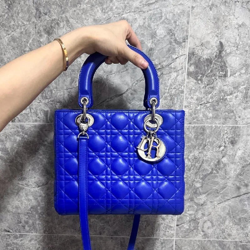 Stylish Christian Dior shoulder bags with a tassel - adorned zipperLady Medium Lambskin Blue Silver Hardware