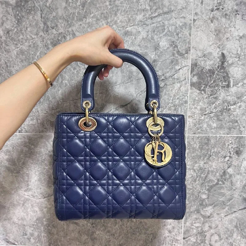 Christian Dior bags with a zip - top closure and multiple compartmentsLady Medium Lambskin Leather Navy Blue Silver Hardware