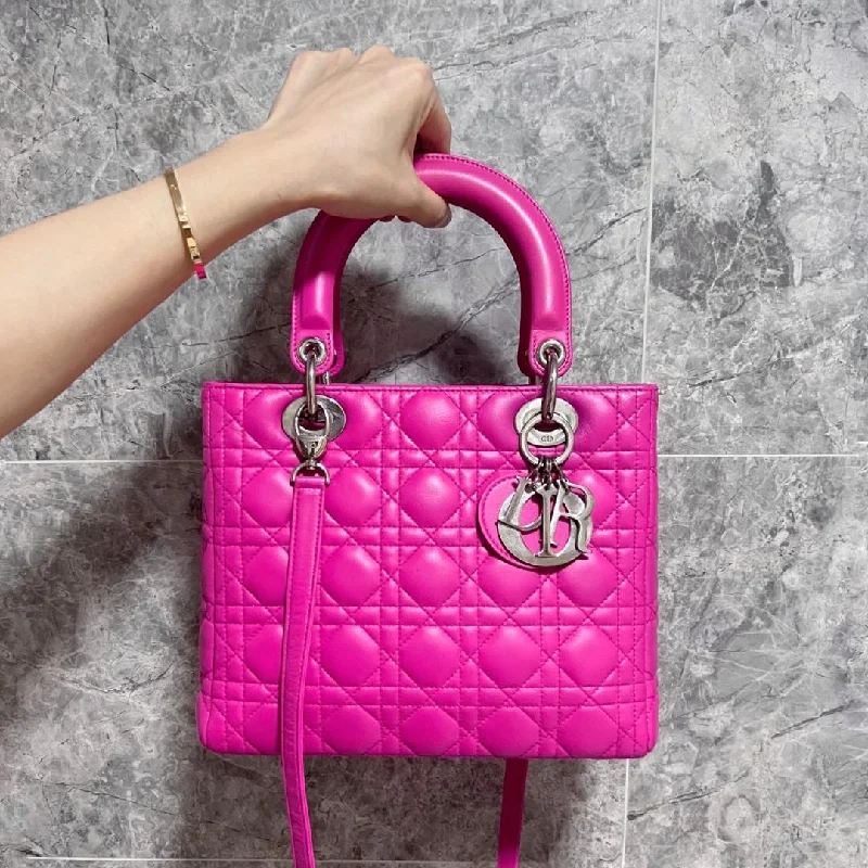 Christian Dior handbags with a removable shoulder strap for versatilityLady Medium Lambskin Leather Pink Silver Hardware