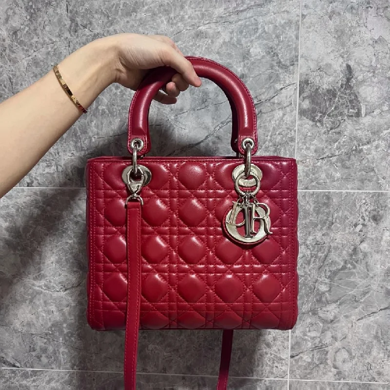 Christian Dior crossbody bags with a front - flap pocket for easy accessLady Medium Lambskin Leather Red Plum Silver Hardware