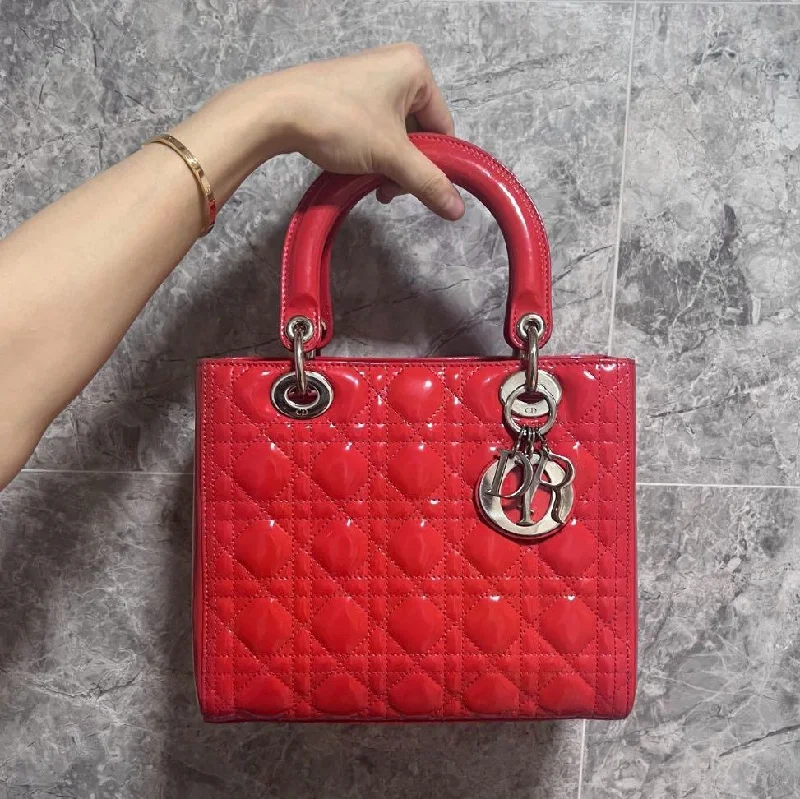 Christian Dior handbags with a detachable mirror for on - the - go touch - upsLady Meidum Patent Leather Red Silver Hardware