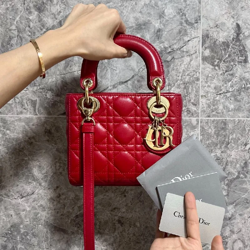 Luxury Christian Dior crossbody bags with a chain - link strapLady Mini Lambskin Red GHW