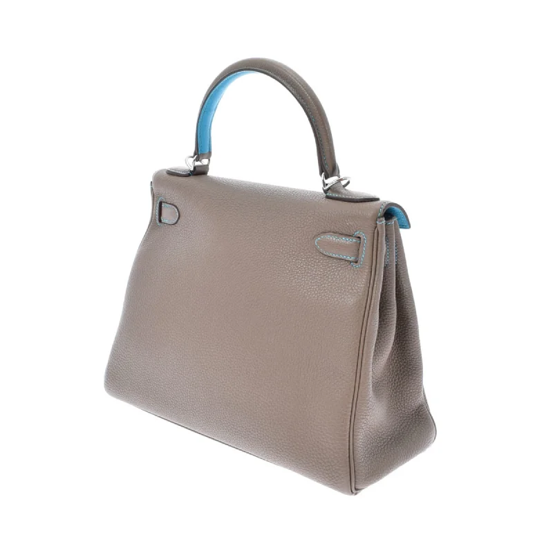 Hermes Kelly 28 Inseam Etoupe/Blue Aztic Palladium Metal Fittings N Engraved (around 2010) Ladies Togo Bag