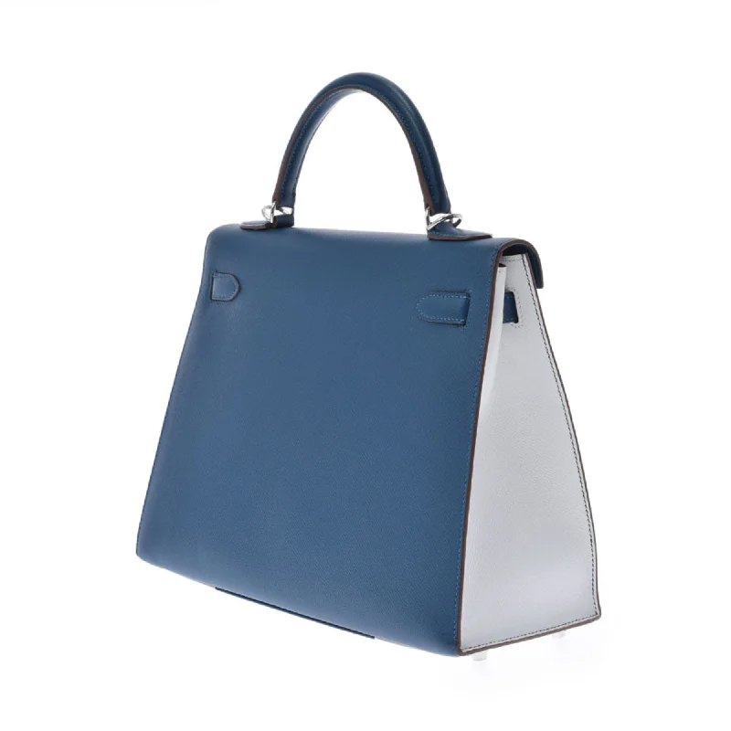 Hermes Kelly Flag 32 bag outer stitch blue Thalasso white palladium metal fittings  Q engraved (around 2013) Ladies Vaux Epson handbag