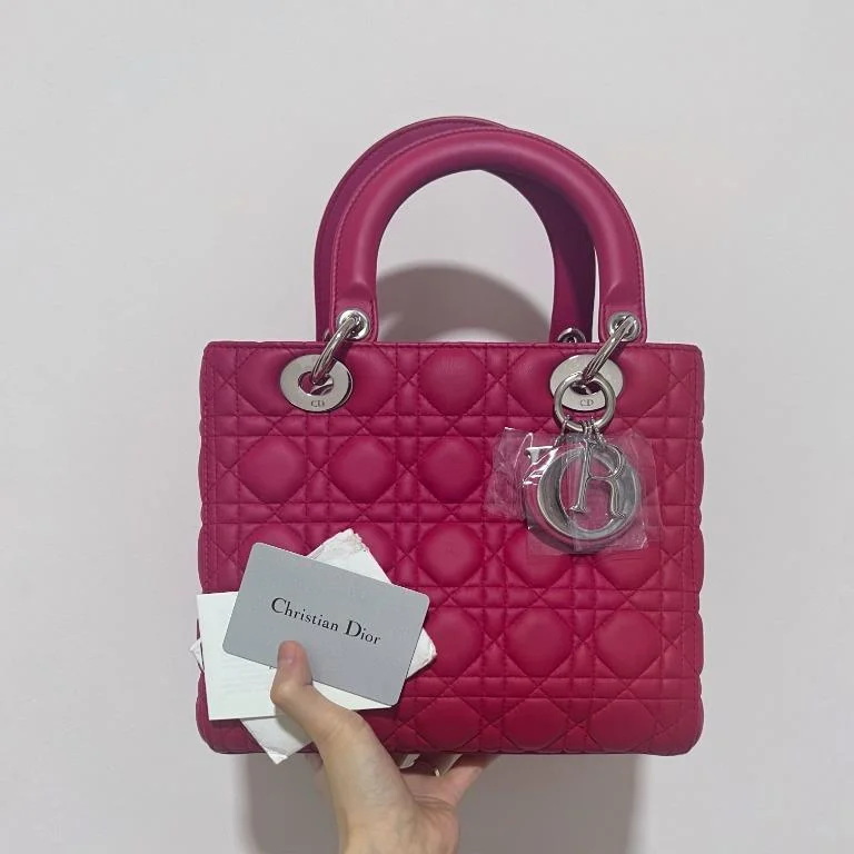 Christian Dior handbags with a removable shoulder strap for versatilityLady Medium Red Lambskin with Silver Hardware